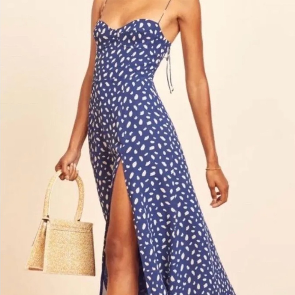 Reformation Blue and White Slit Midi Dress for Wedding Guest